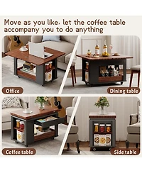 Rainsken Modern Coffee Table, Multi-Tier Storage Side Table with Foldable Top and Casters, Center Table for Living Room