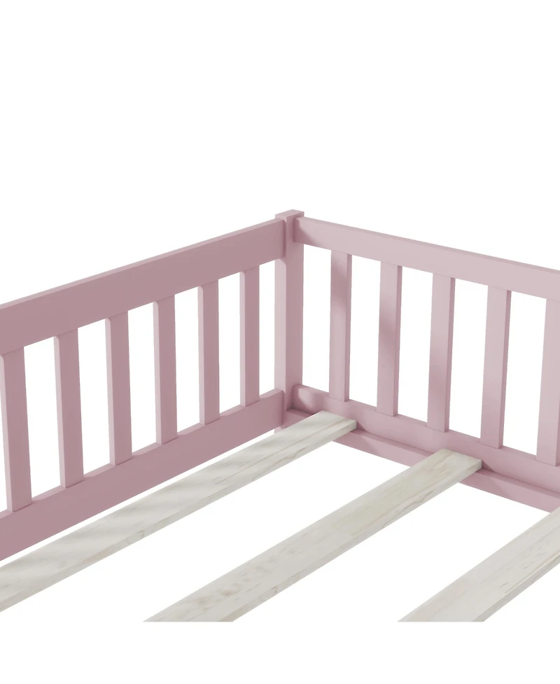 Clihome Full Floor Bed with Fence and Door,Rubber Wood Safety Guardrails