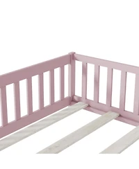 Clihome Full Floor Bed with Fence and Door,Rubber Wood Safety Guardrails