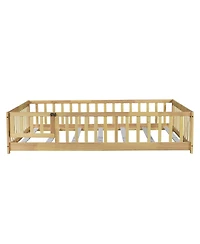 Clihome Full Size Floor Bed with Fence and Door,Rubber Wood Floor Bed with Safety Guardrails
