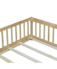 Clihome Full Floor Bed with Fence and Door,Rubber Wood Safety Guardrails