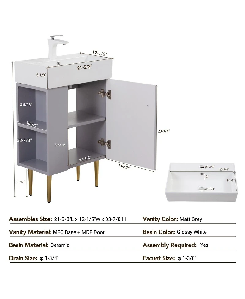 Sillysis Small Bathroom Vanity with Ceramic Sink, Modern Wood Base, Soft Close Door and Open Shelves for Compact Spaces