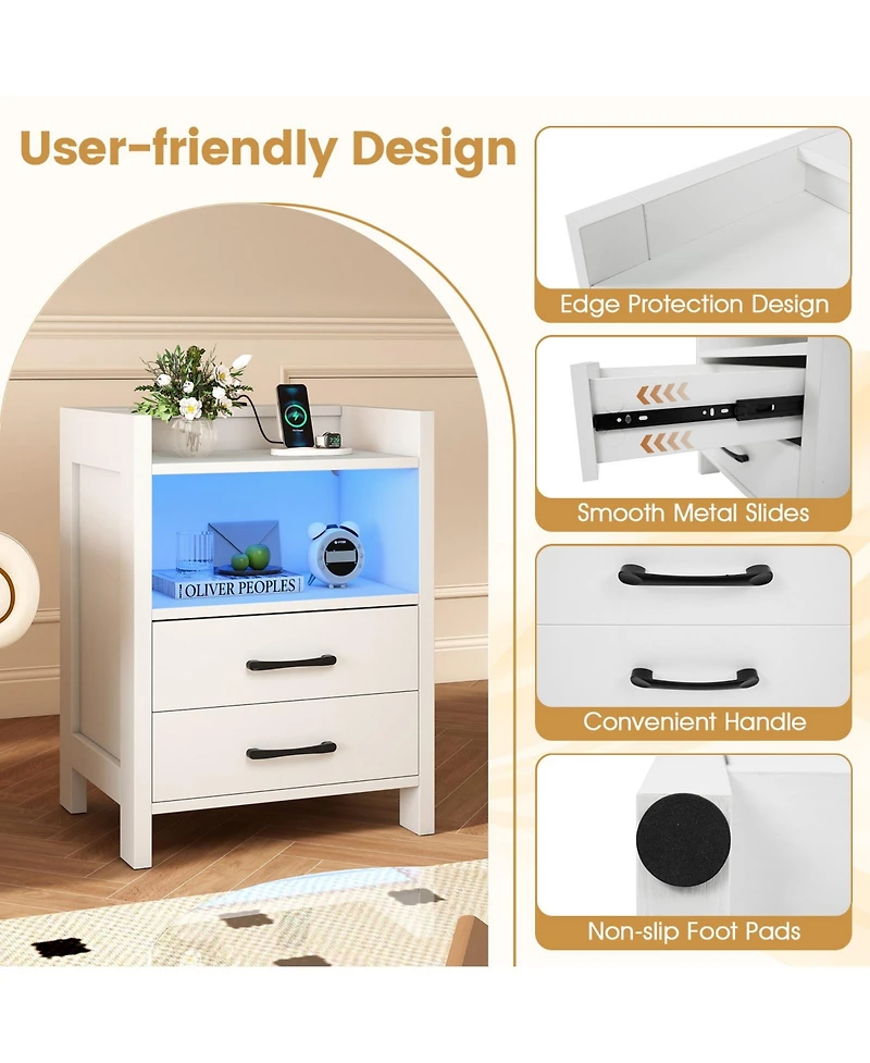 Gymax 2PCS 23.5'' Nightstand w/Led Lights and Charging Station Usb Port and Outlets