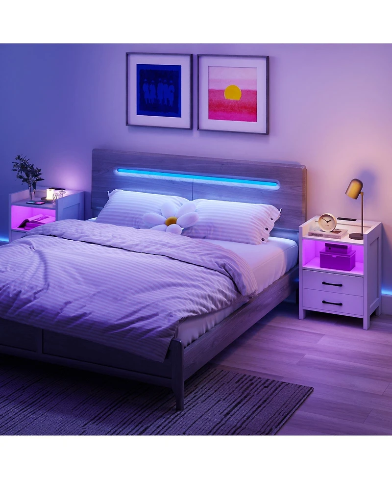 Gymax Nightstand w/ Led Lights and Charging Station 23.5'' Smart Bedside Table w/ Drawer and Open Storage Shelf
