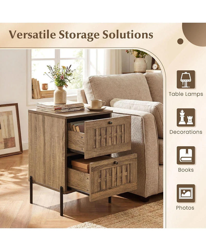 Gymax Nightstand w/2 Woven Storage Drawers Metal Support Legsfor BedroomRustic Oak
