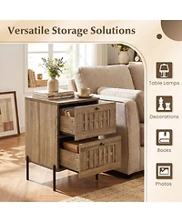 Gymax Nightstand w/2 Woven Storage Drawers Metal Support Legsfor BedroomRustic Oak