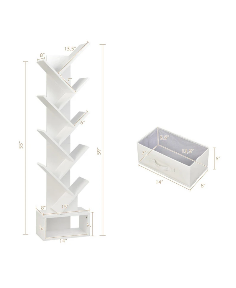 Gouun 10-Tier Tree-Shaped Bookshelf with Fabric Drawer