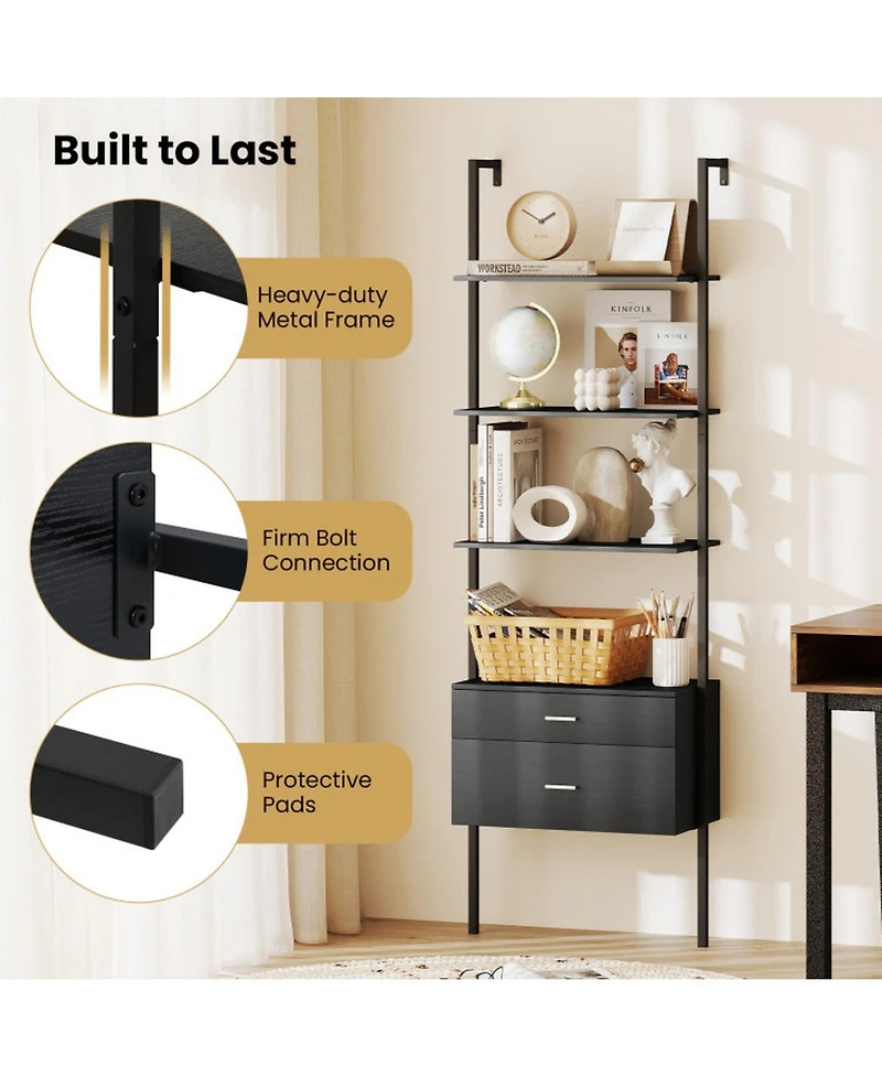 Gouun 6-Tier Ladder Bookcase with 2 Drawers and Metal Frame