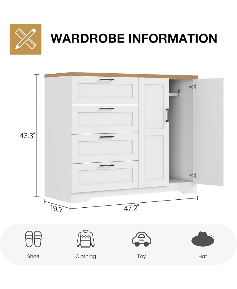 gaomon 43.3'' H Armoire Wardrobe Closet with 4 Drawers and 2 Doors, Hanging Rod, Multifunctional Wooden Dresser with Storage Closet