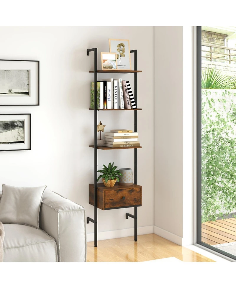 Gouun 5-Tier Ladder Bookcase with Drawer and Metal Frame