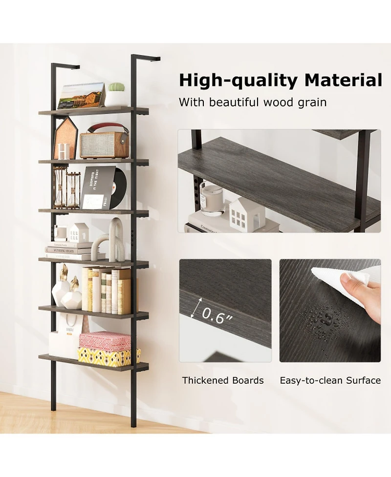Gouun 6-Tier Industrial Ladder Shelf Wall Mounted Bookshelf