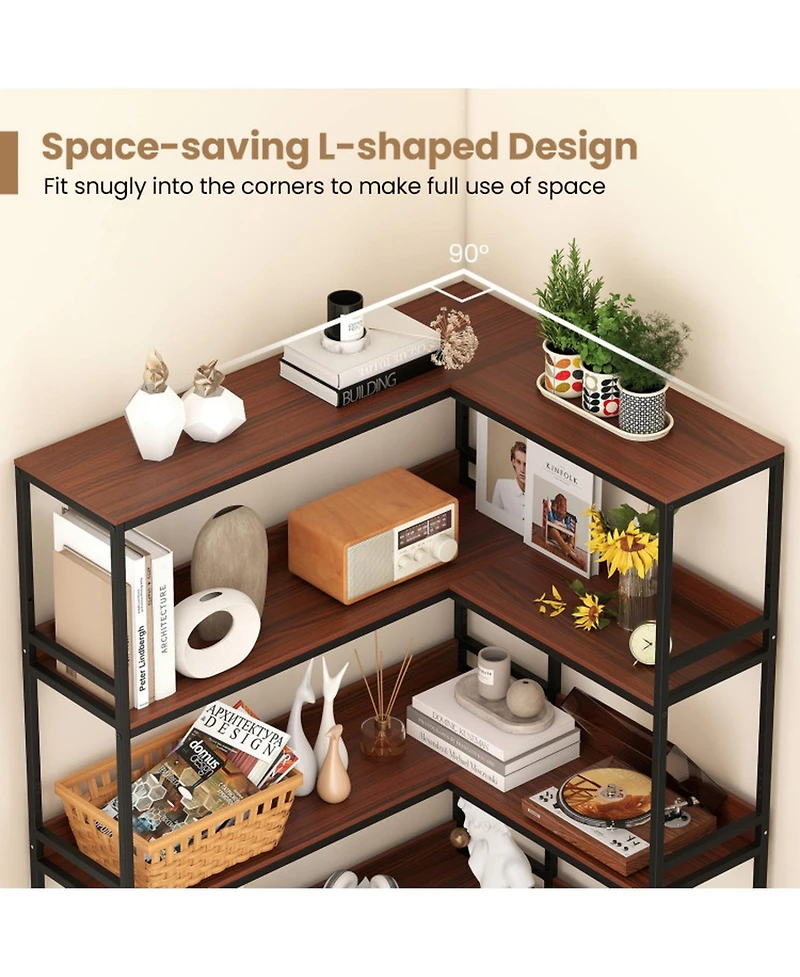 Gouun 5-Tier L-Shaped Corner Bookshelf with Metal Frame