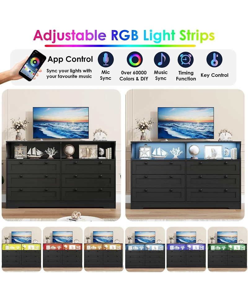 gaomon 6 Drawer Dresser for Bedroom, with Rgb Led Lights and Power Outlet