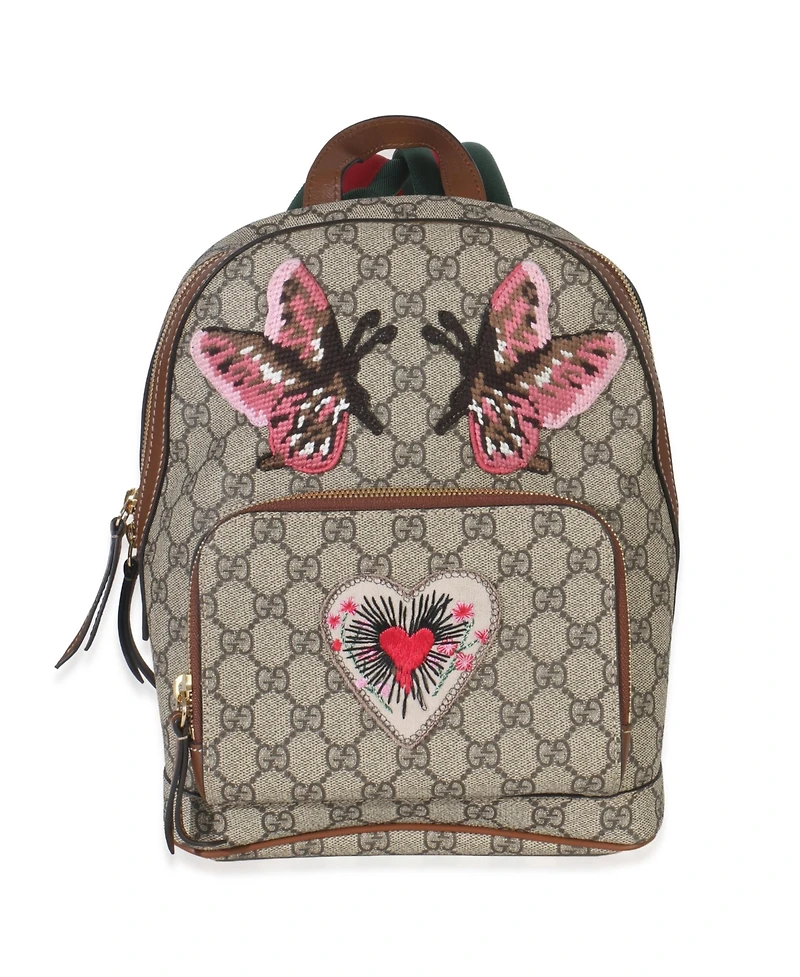 Pre-Owned Gucci Beige Gg Supreme Canvas Web Butterfly Embroidered Small Day Backpack