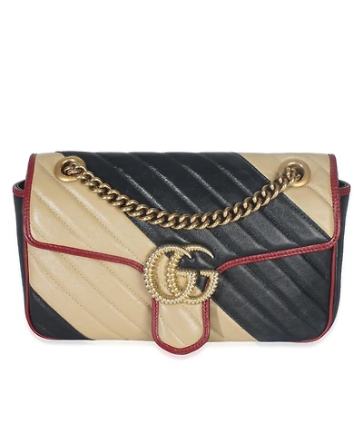Pre-Owned Gucci Black Beige Matelasse Calfskin Torchon Small Marmont Shoulder Bag