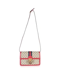 Pre-Owned Gucci Red Calfskin Gg Supreme Canvas Medium Margaret Shoulder Bag