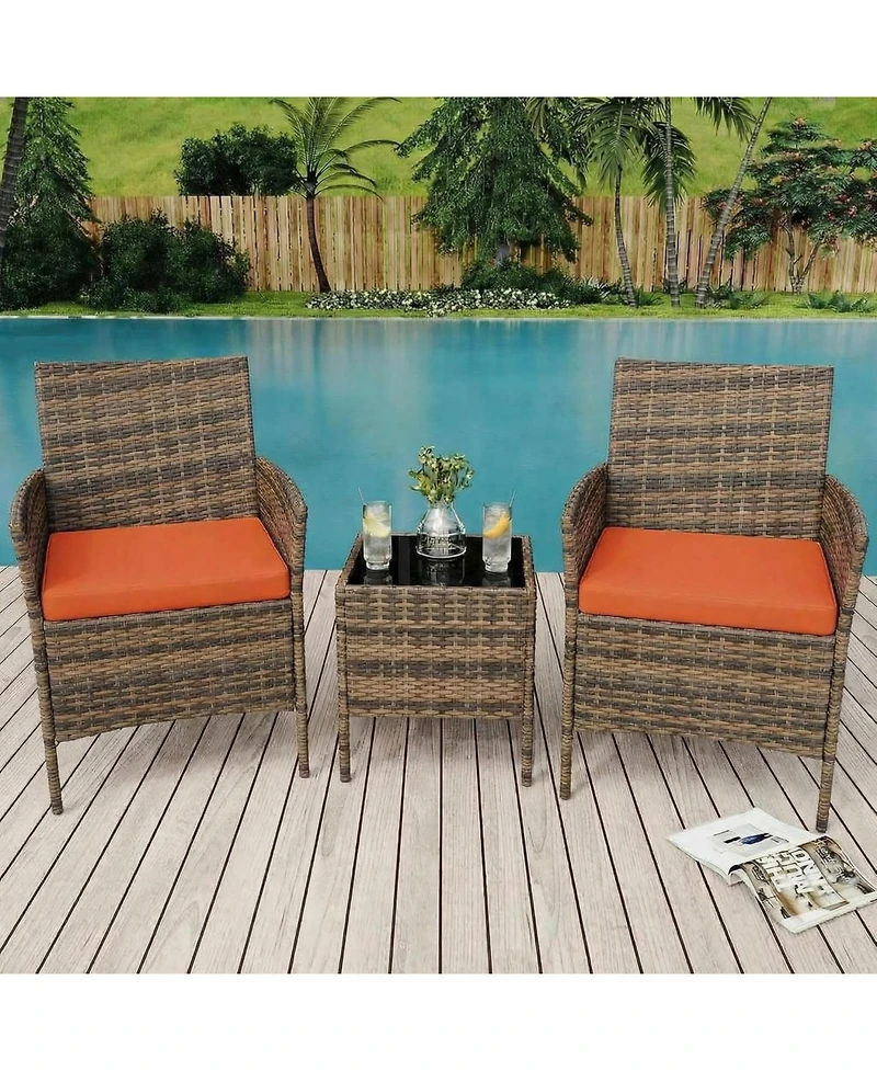 gaomon 3-Piece Rattan Conversation Set with Tempered Glass Table