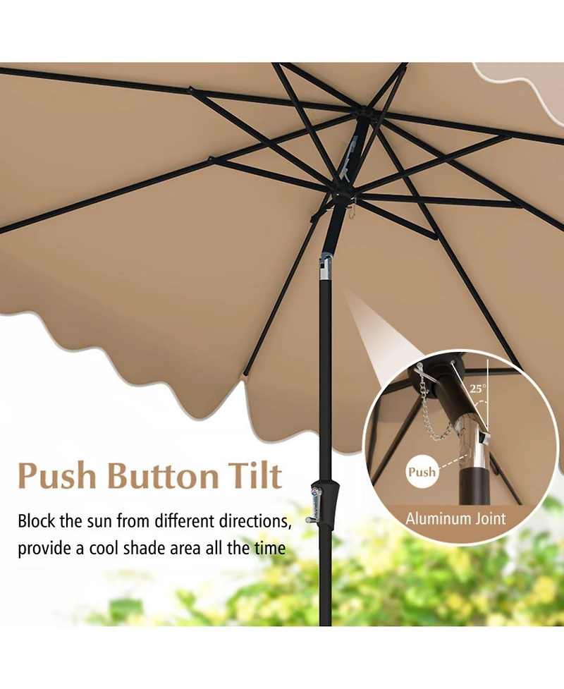 Gouun 9 ft Patio Umbrella with Push-Button Tilt Crank Handle and Ruffled Edge Design