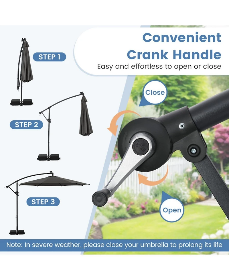 Gouun 10 ft Solar Offset Umbrella with 96 Led Lights 9 Modes Weighted Base and 360 Rotation