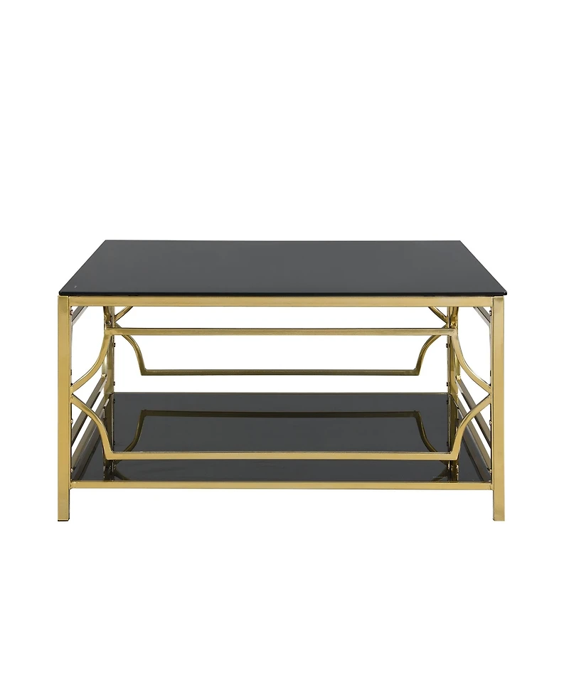 Rainsken Square Glass Coffee Table, Modern 2-Tier Center, Luxurious Geometric Metal Frame for Living Room