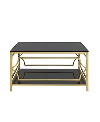 Rainsken Square Glass Coffee Table, Modern 2-Tier Center, Luxurious Geometric Metal Frame for Living Room