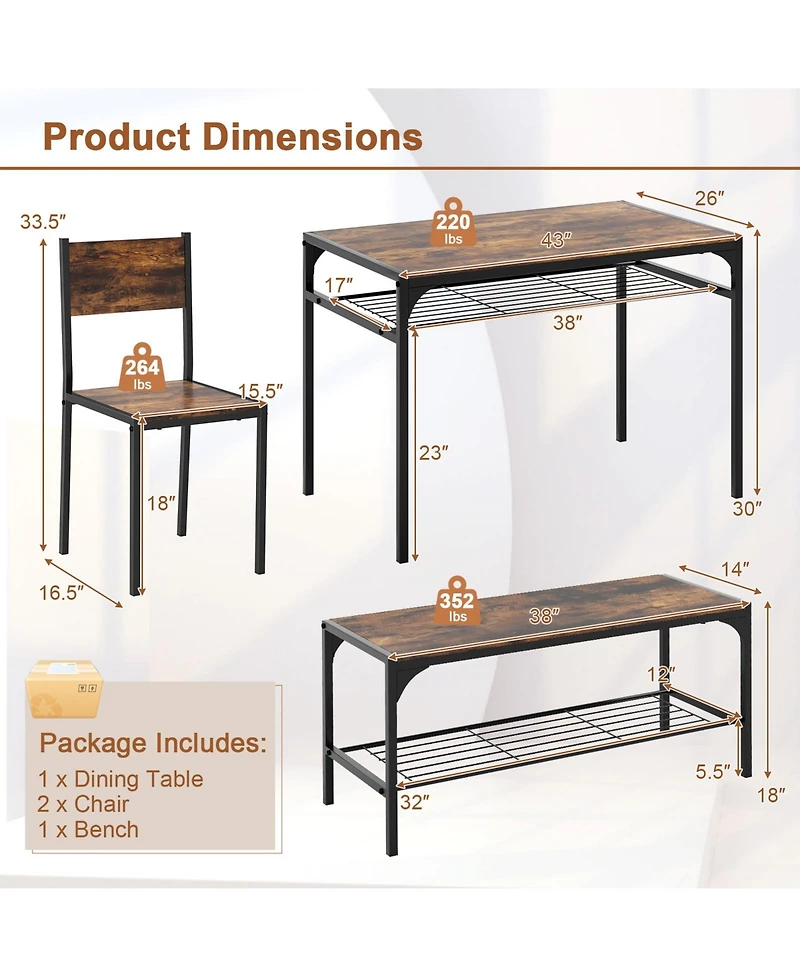 Sugift Industrial Style Rectangular Kitchen Table with Bench and Chairs.