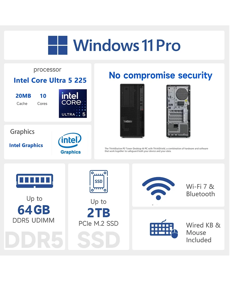Lenovo ThinkStation P2 Workstation Desktop Intel Core Ultra 5 16GB Ram Intel Graphics 512GB Ssd Storage Windows 11 Pro