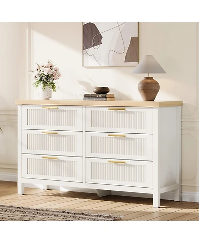 gaomon 6 Drawer Ribbed Wooden Dresser, 47.5 Inch Wide Bedroom Storage Dresser and Tv Stand