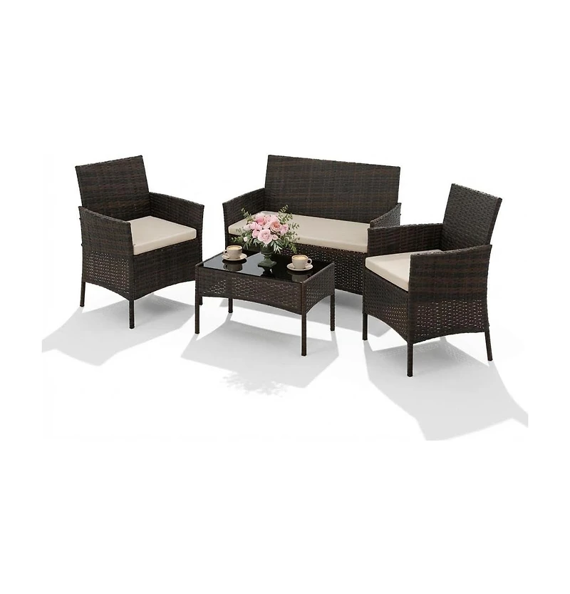 gaomon 4-Piece All-Weather Pe Patio Bistro Set, Cushions and Glass Table