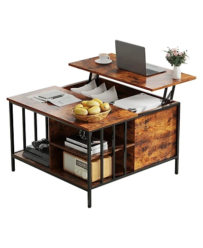 Rainsken Square Lift-Top Coffee Table, Farmhouse Center Table with Hidden Compartment and Storage Shelves for Living Room