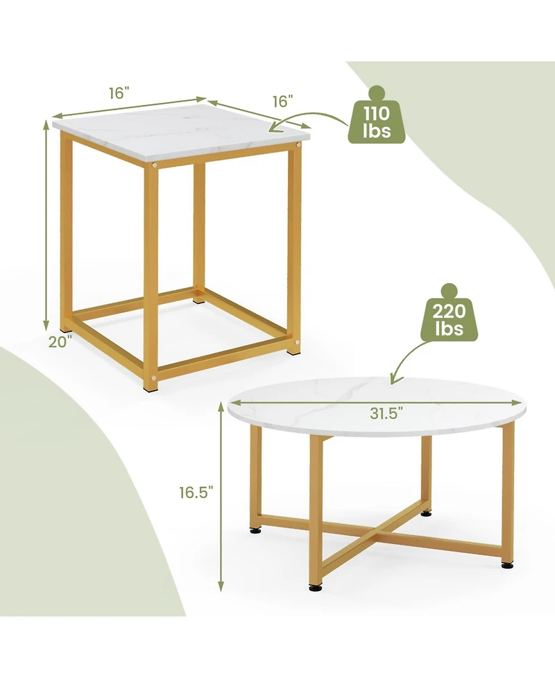 3-Piece Coffee Table Set Round Coffee Table and 2PCS Square End Tables