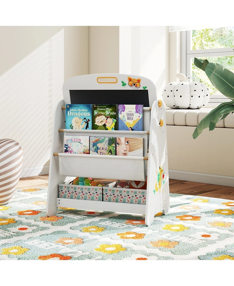 Slickblue 4-in-1 Kids Art Easel Table and Chair Set with Magnetic Whiteboard and Bookshelf