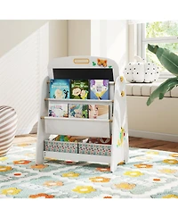 Slickblue 4-in-1 Kids Art Easel Table and Chair Set with Magnetic Whiteboard and Bookshelf