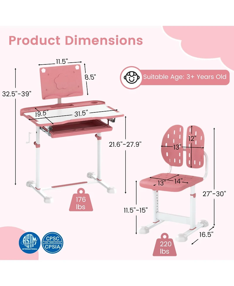 Sugift Kids Study Desk and Chair Set with Tilt Desktop and Book Stand