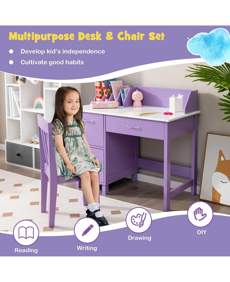 Sugift Kids Wooden Writing Desk Set with Drawer and Storage Cabinet