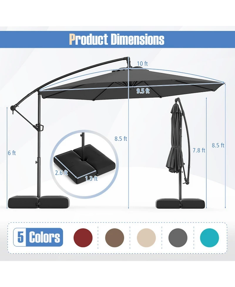 Gouun 10 ft Cantilever Patio Umbrella with Infinite Tilt 360-Degree Rotation and Weighted Base