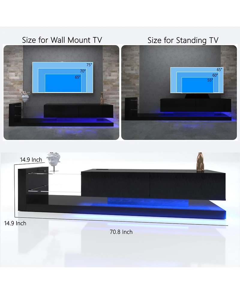 Rainsken Led Tv Stand, High Gloss Wood Entertainment Center, Media Console Table with Power Outlet and 2 Storage Cabinets for Living Room