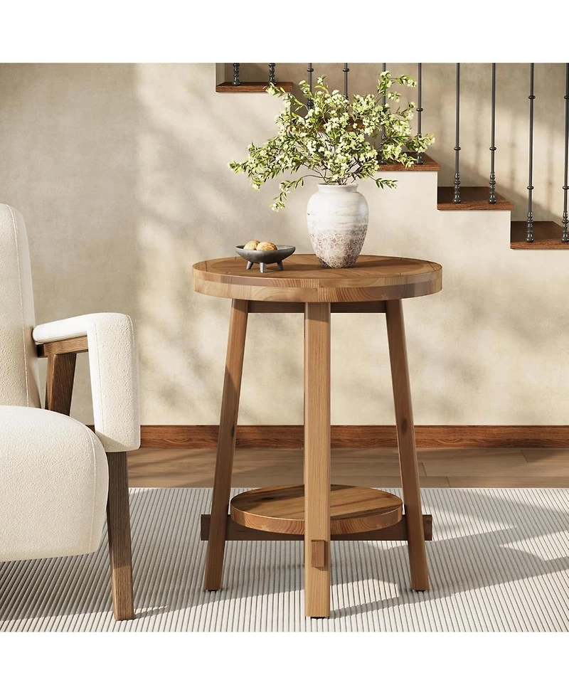 Tribesigns Solid Wood Side Table Set of 2, Small Round End Table with 2-Tier Storage, Farmhouse Wooden Circle Bedside Nightstand