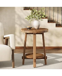 Tribesigns Solid Wood Side Table Set of 2, Small Round End Table with 2-Tier Storage, Farmhouse Wooden Circle Bedside Nightstand