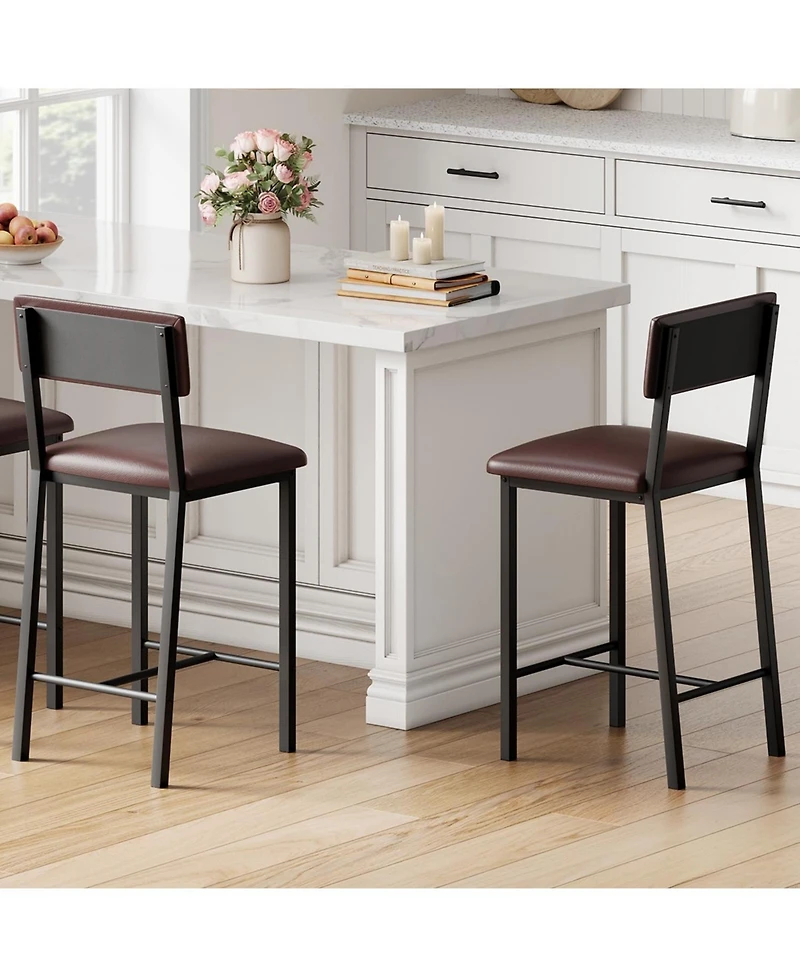 gaomon Set of 2 Bar Stools, 25" Counter Height, Pu Leather with Backrest and Footrest for Dining Room