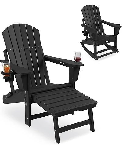 gaomon Folding Adirondack Rocking Chair with Retractable Ottoman and Cup Holders, Hdpe All-Weather Outdoor Chair for Porch