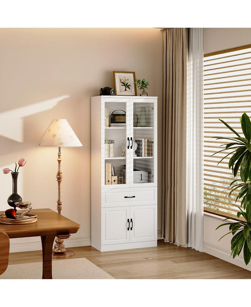 Homsee 4-Shelf Wood Standard Bookcase With Doors, Cabinet, Drawer