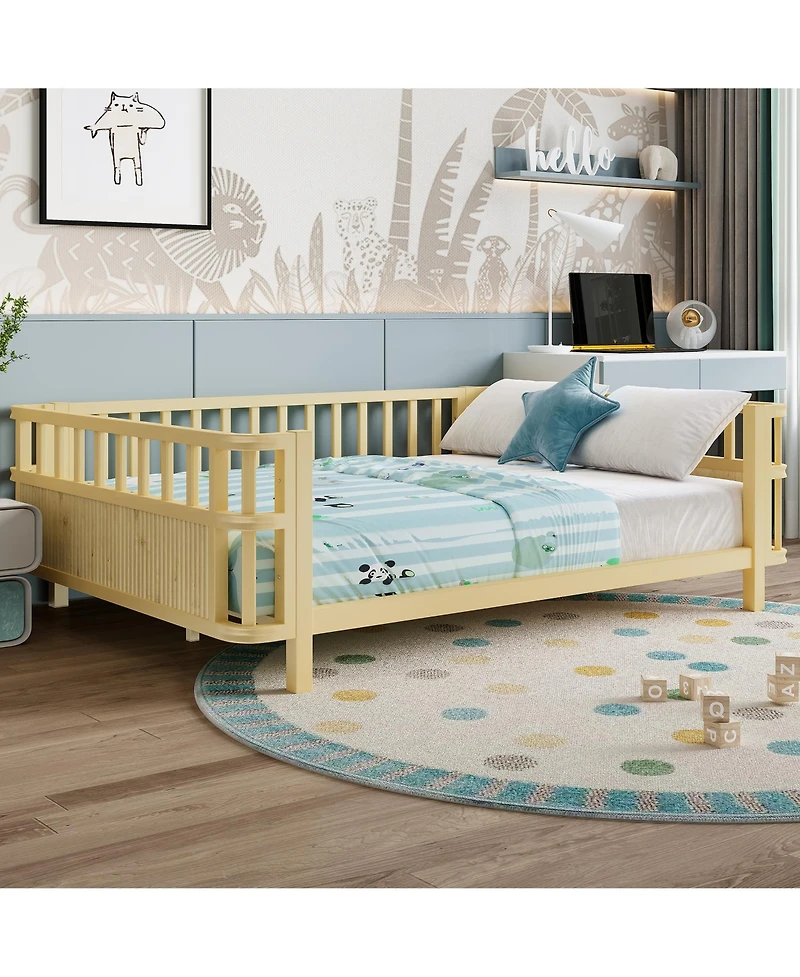 Jujabu Full Size Kids Double Wooden Platform Bed with Safety Railings
