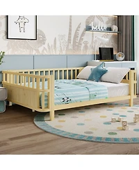 Jujabu Full Size Kids Double Wooden Platform Bed with Safety Railings
