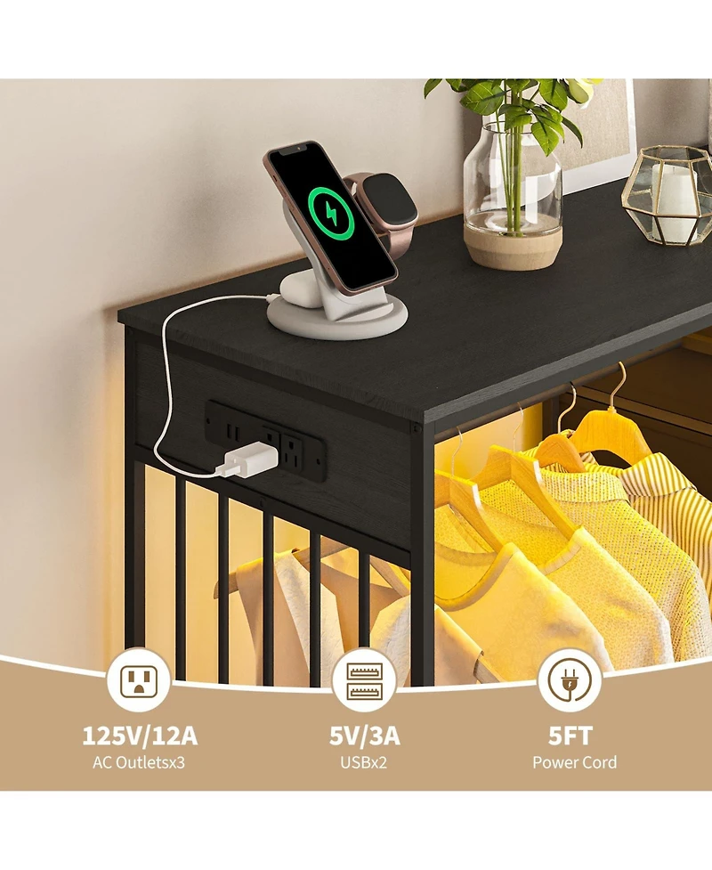 gaomon 49.2" Dresser with Hanging Rack and Led Lights, 6-Drawer Closet Organizer with Charging Station