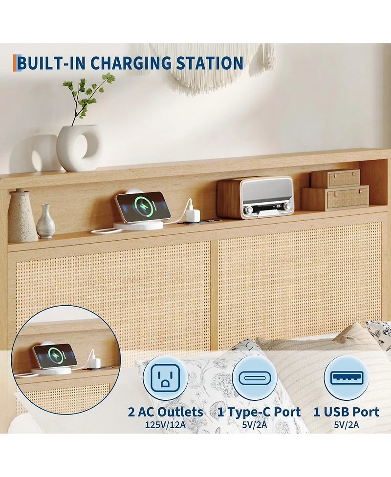 Homfan Bed Frame with Rattan Headboard ,Bohemian Bed Frame with Led Lights and Charging Station