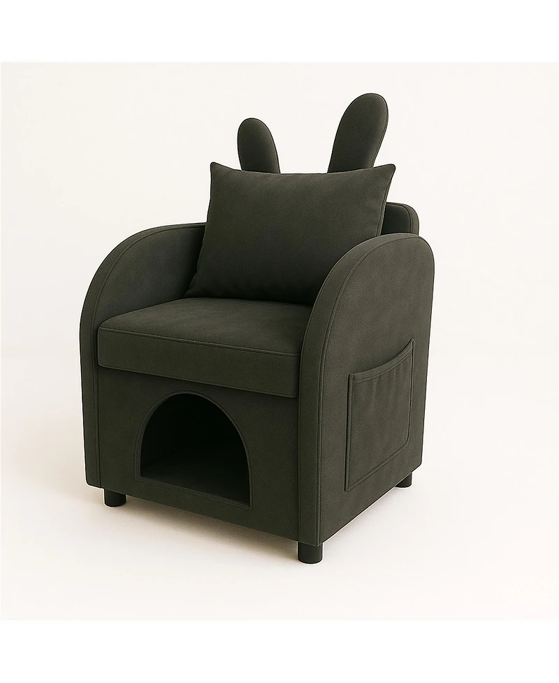 Zeus & Ruta Dark Bunny-Ear Cat Armchair Scratch-Resistant Fabric Built-in Hideaway Dual-Use Sofa with Side Pocket