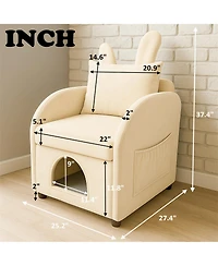 Zeus & Ruta Dark Bunny-Ear Cat Armchair Scratch-Resistant Fabric Built-in Hideaway Dual-Use Sofa with Side Pocket
