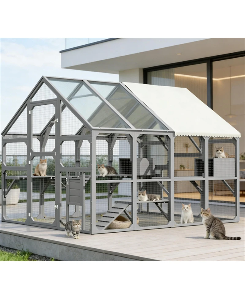 Zeus & Ruta Large Outdoor Cat Enclosure Wooden Shelter 7 Platforms 2 Resting Boxes 2 Bridges Waterproof Uv Proof Canopy