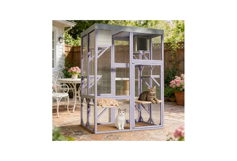 Zeus & Ruta Outdoor Wooden Cat Enclosure 4 Tier Platforms 2 Napping Houses 2 Locks Rounded Corners Play Rest Area